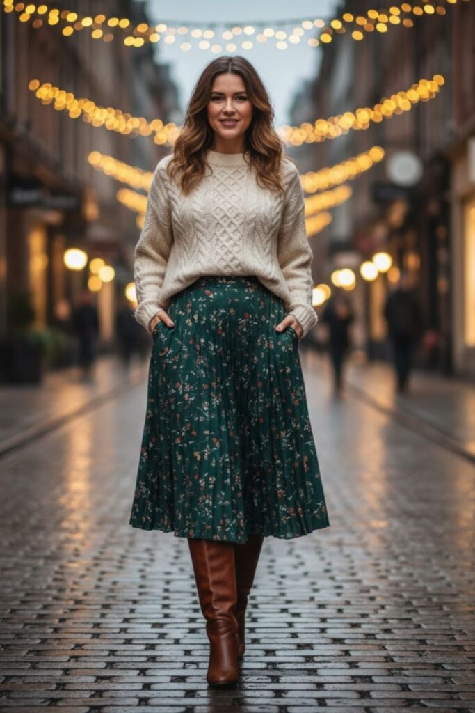 4. Cable Knit Sweater with Midi Skirt