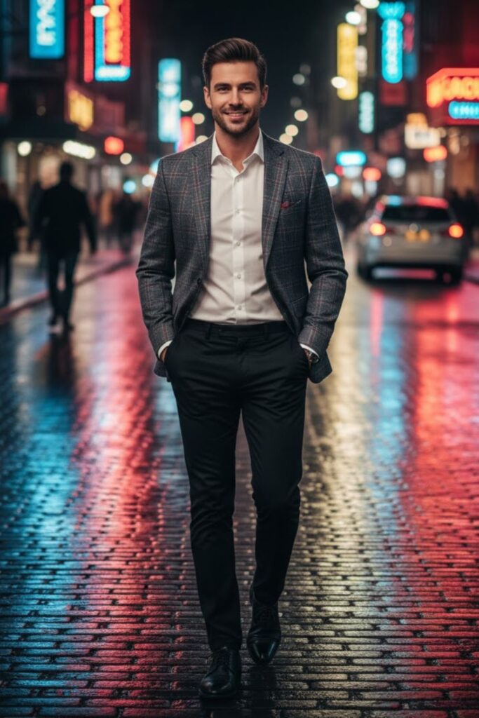 4. Checked Blazer with Black Pants and White Shirt