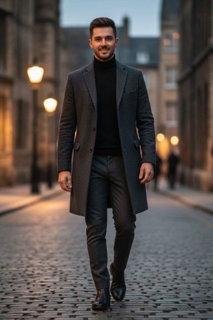 4. Chelsea Boots with a Long Overcoat and Dress Pants