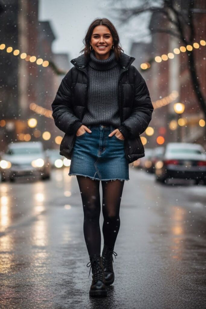 4. Denim Mini Skirt with Puffer Jacket and Tights