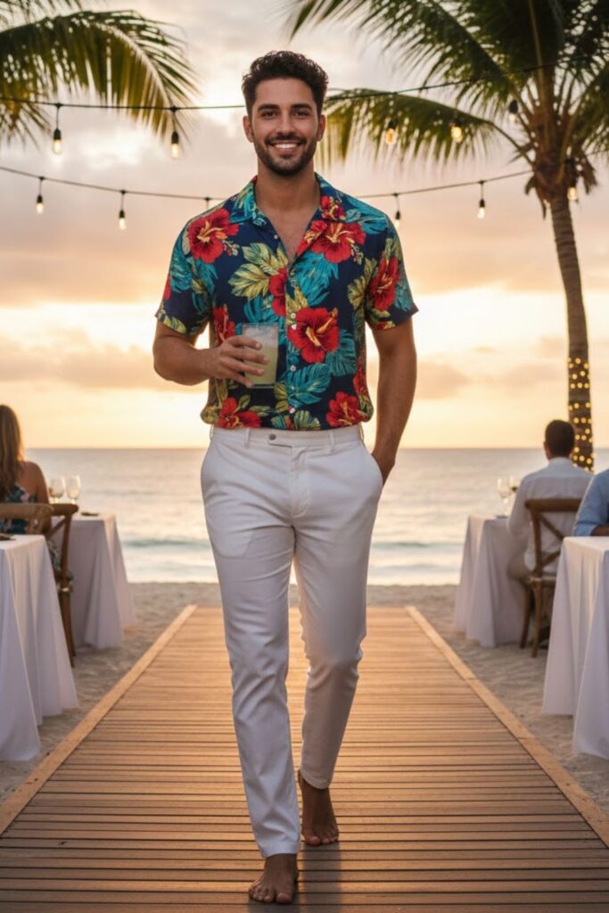 4. Floral Shirt with White Pants