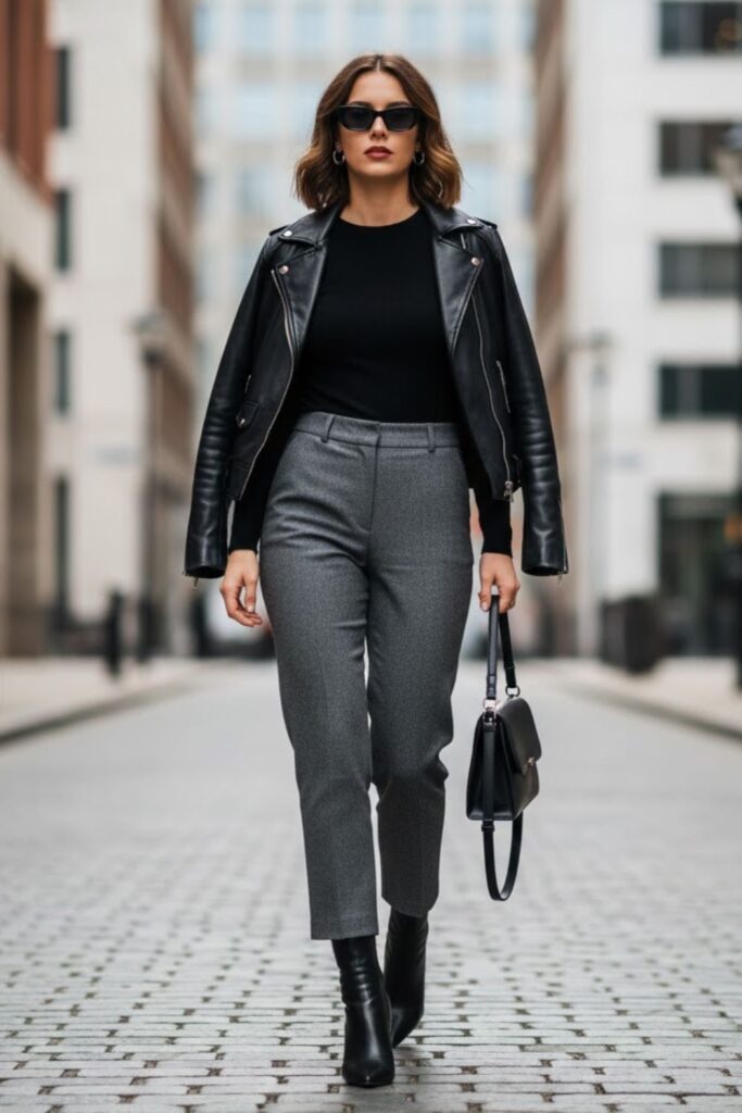4. Grey Cropped Trousers with Leather Jacket
