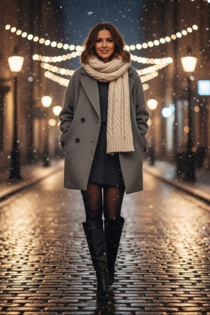 4. Grey Mini Skirt with Oversized Coat and Chunky Scarf