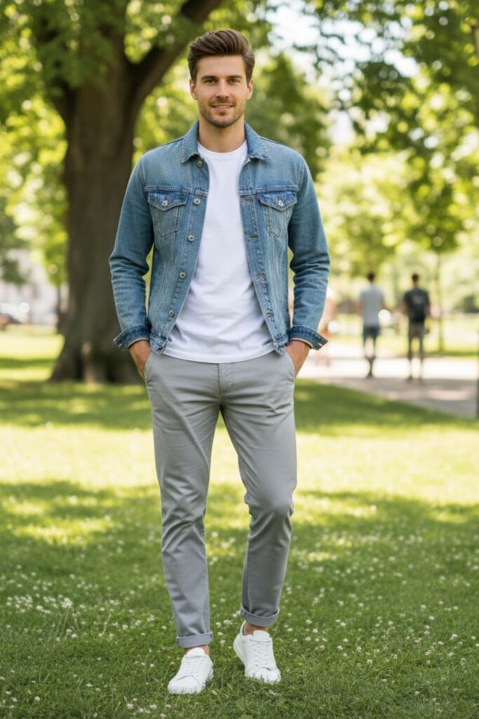 4. Grey Pants with White T-Shirt and Denim Jacket