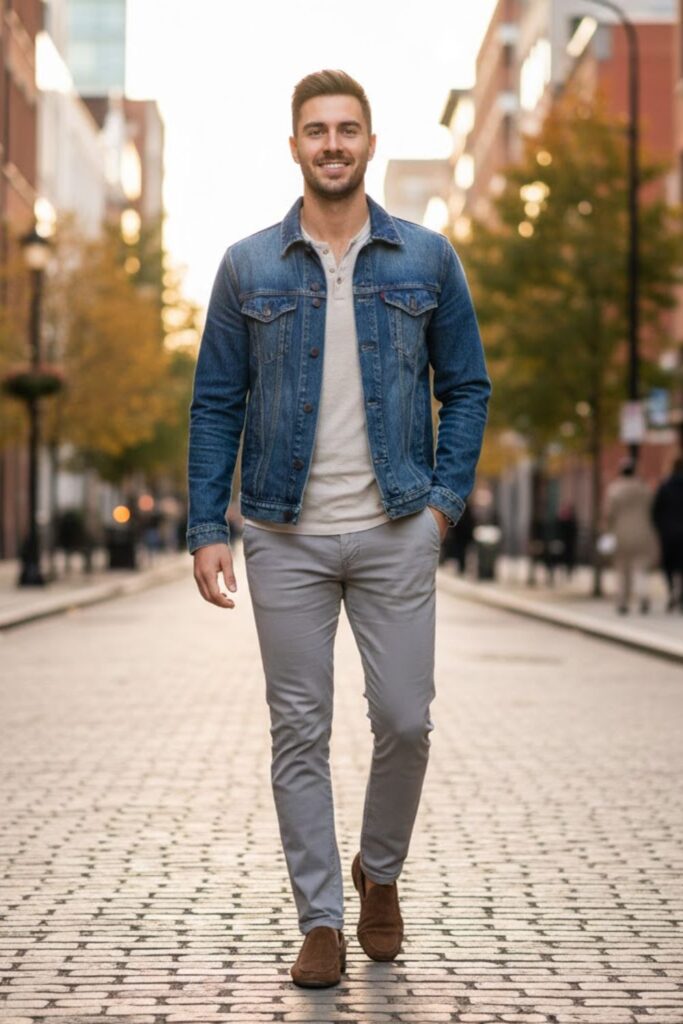 4. Grey Trousers with Denim Jacket