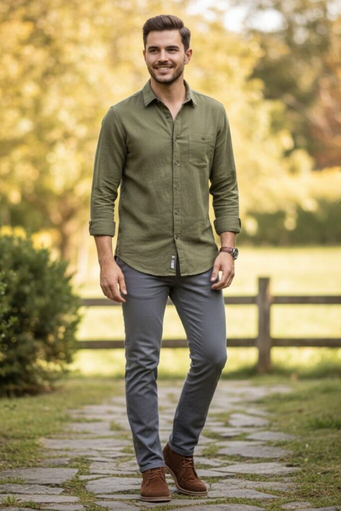 4. Grey Trousers with Olive Green Shirt