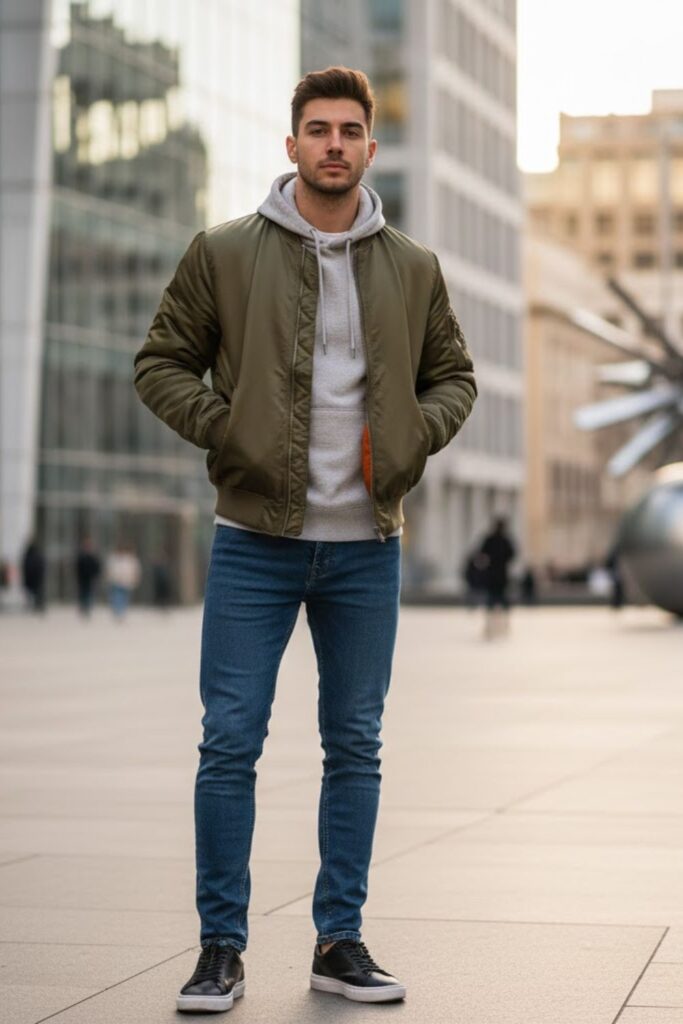 4. Hoodie with Bomber Jacket and Slim Jeans