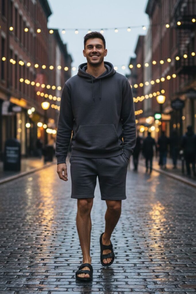 4. Hoodie with Sweatshorts and EVA Birkenstocks