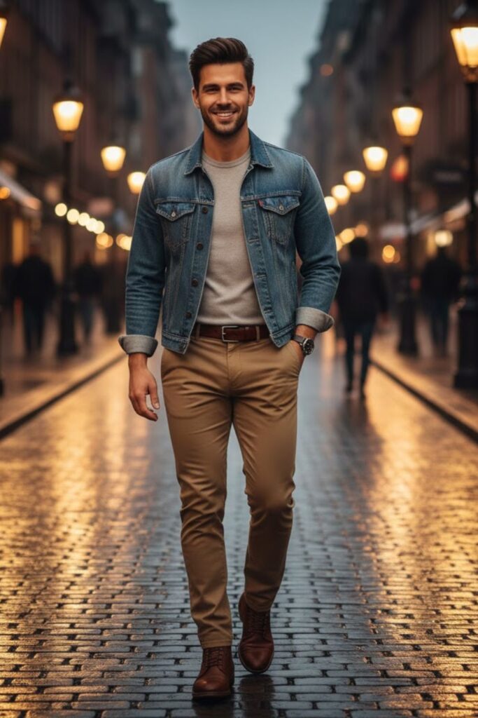 4. Khaki Pants with a Denim Jacket
