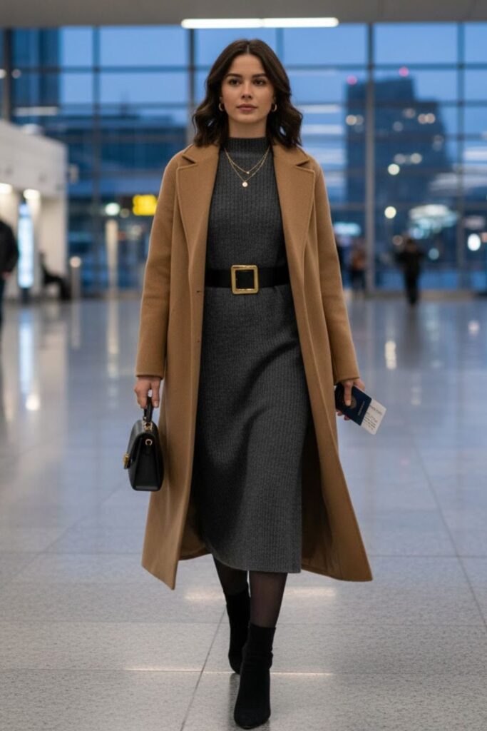 4. Knit Dress with Long Coat and Ankle Boots