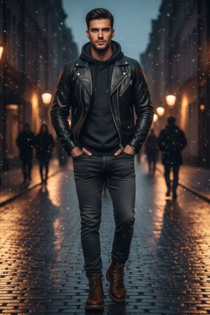 4. Leather Jacket with Hoodie and Jeans