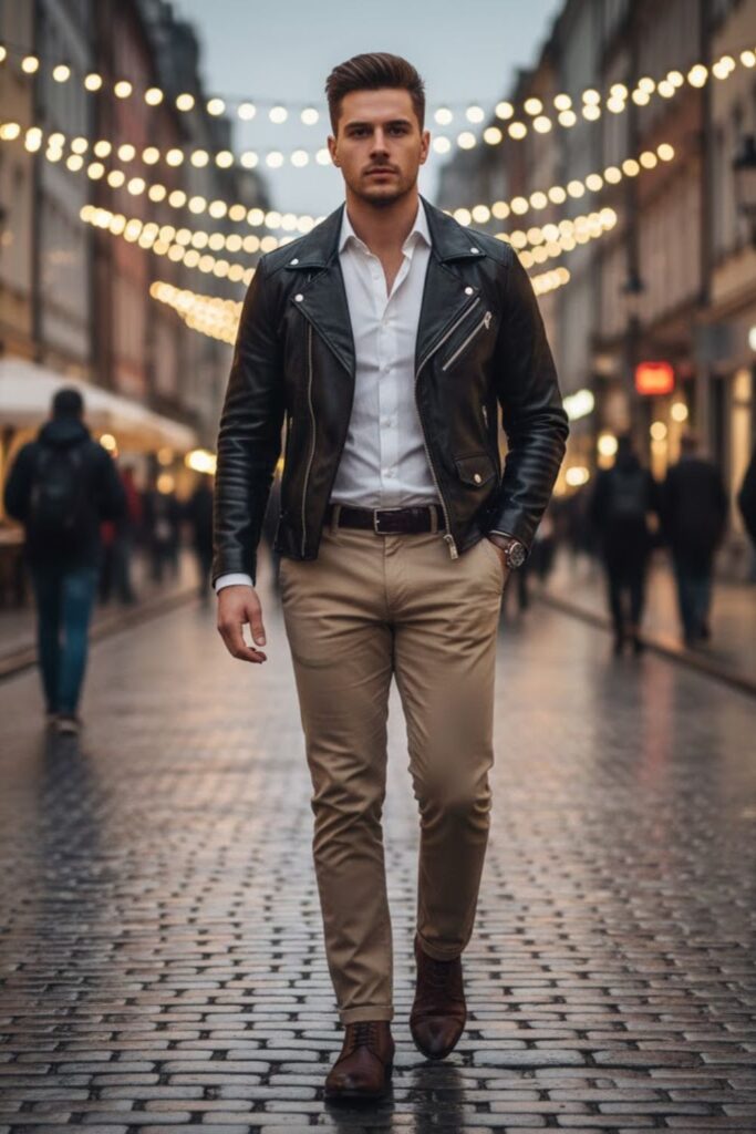 4. Leather Jacket with White Shirt and Chinos