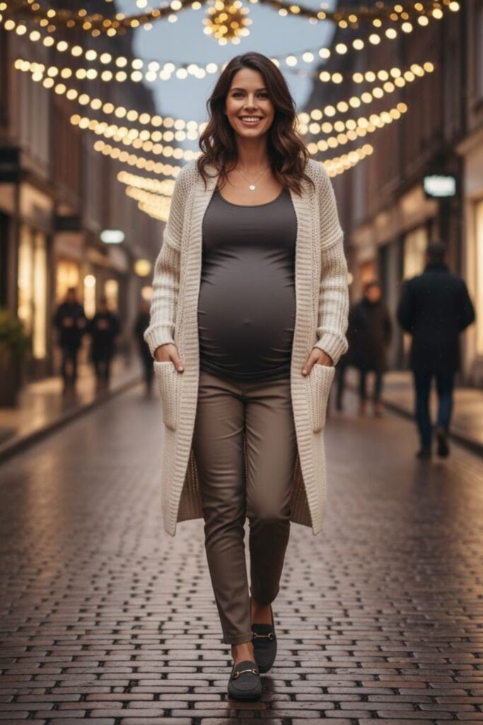 4. Long Cardigan over Tank and Stretch Pants