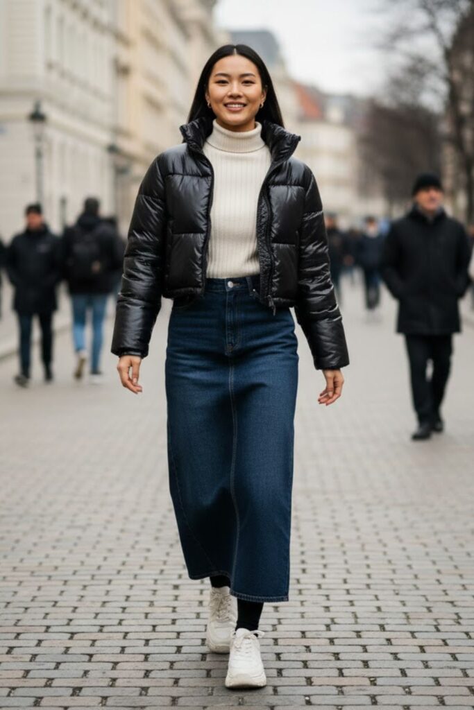 4. Maxi Denim Skirt with Cropped Puffer Jacket
