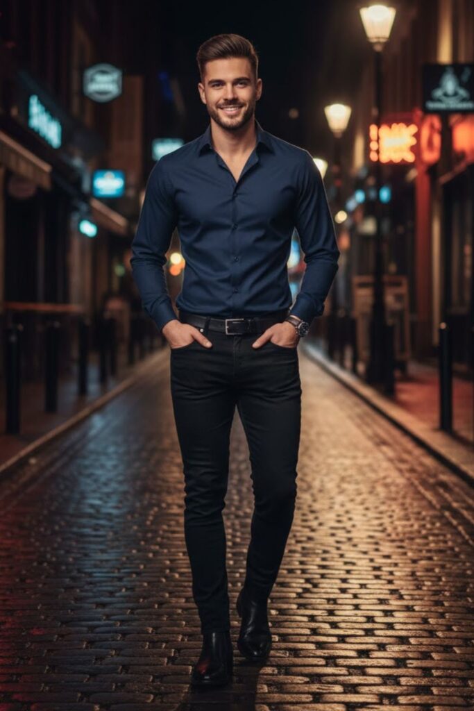 4. Navy Blue Shirt with Black Jeans
