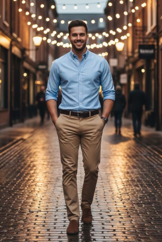 4. Oxford Shirt with Rolled Sleeves and Khakis