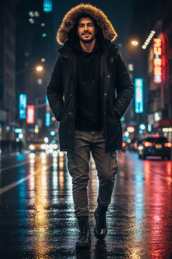 4. Parka Jacket with Hoodie and Cargo Joggers