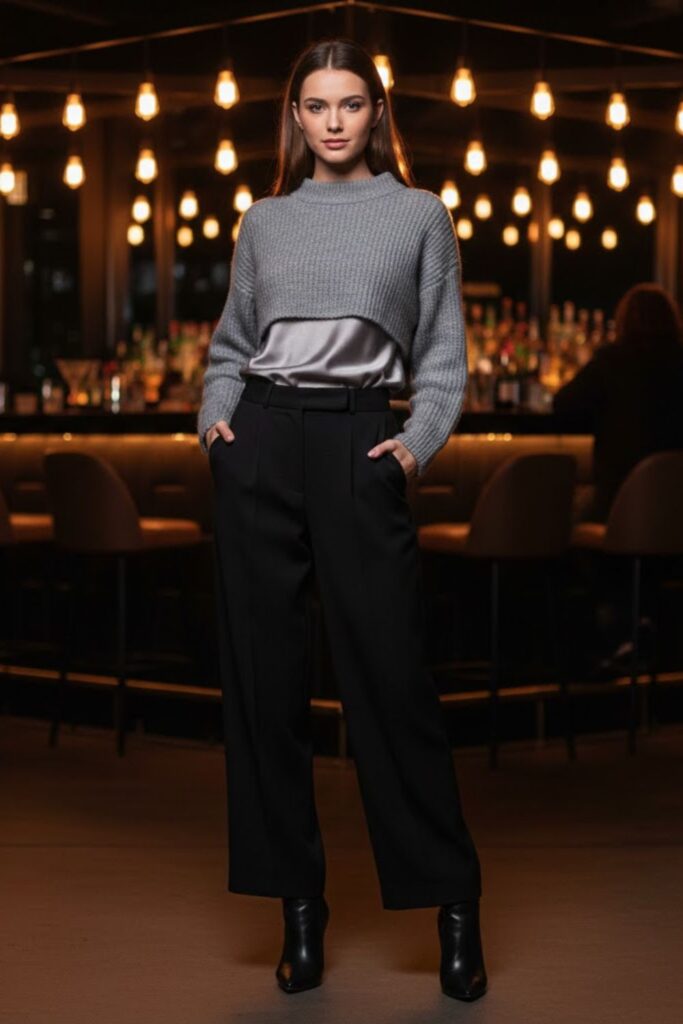 4. Satin Cami Top with Cropped Sweater and Wide-Leg Trousers