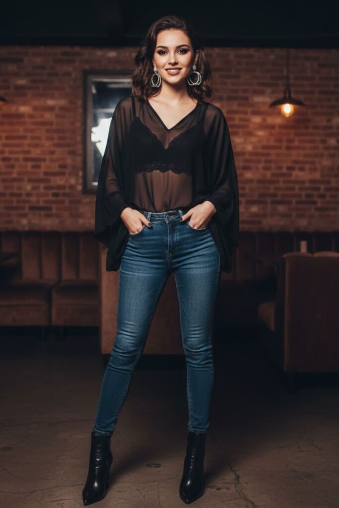 4. Sheer Blouse and High-Waisted Jeans