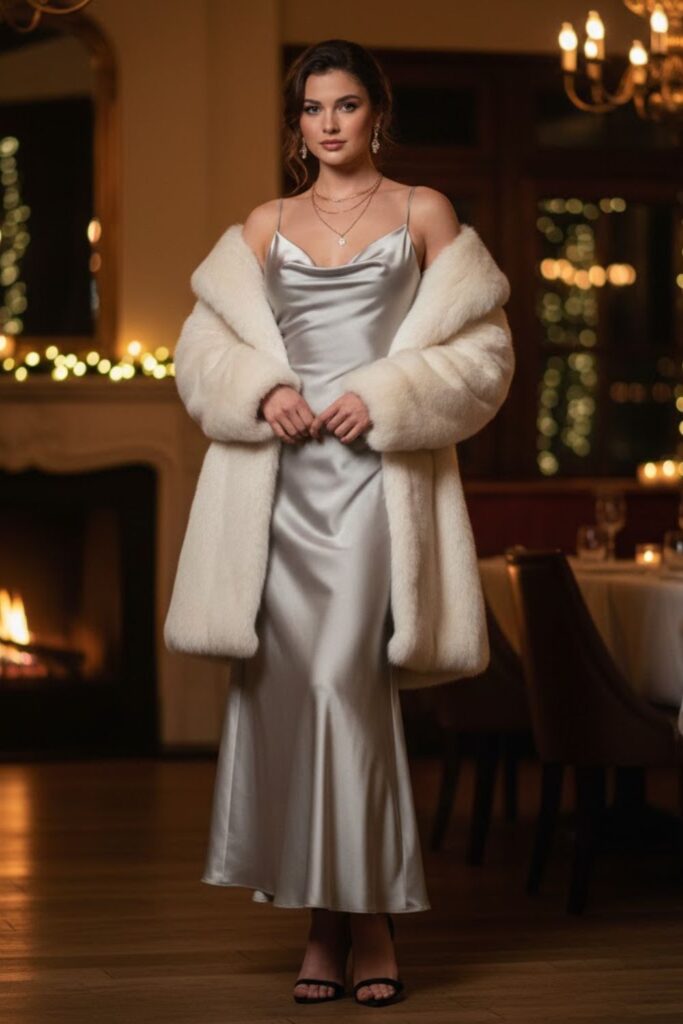 4. Slip Dress with Faux Fur Coat