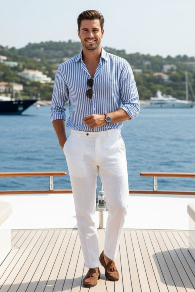 4. Striped Linen Shirt with White Pants