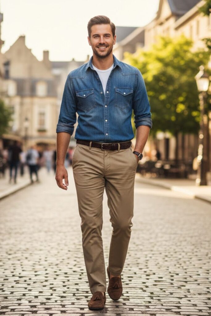 4. The Denim Shirt and Khaki Pants