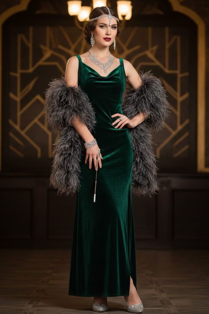 4. Velvet Dress with Feather Shawl
