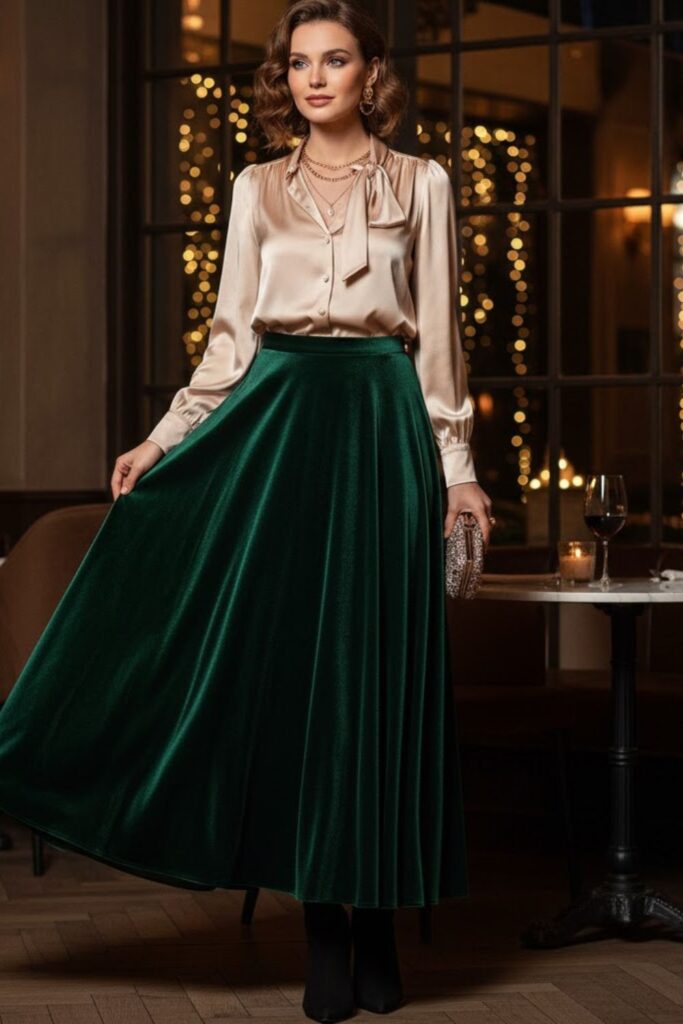 4. Velvet Skirt with a Satin Blouse