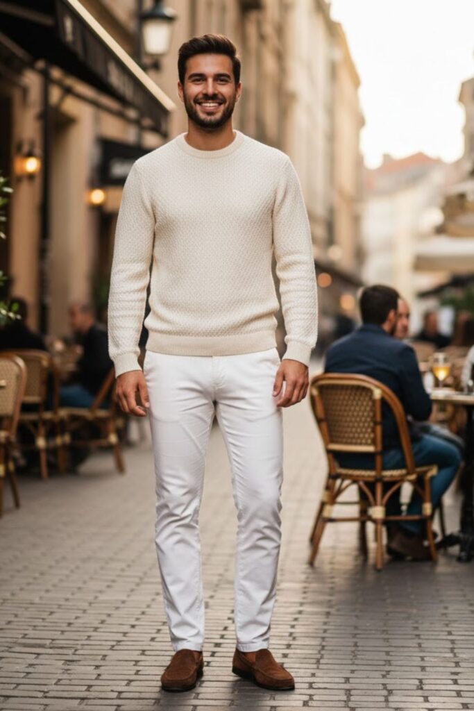 4. White Pants with Beige Sweater