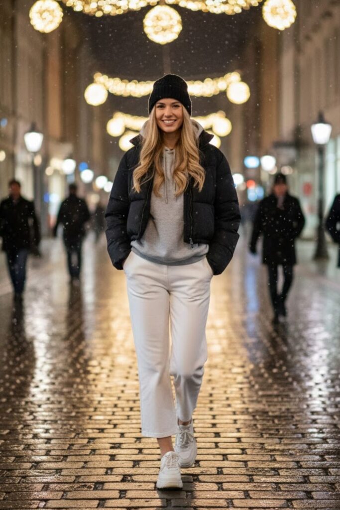 4. White Wide-Leg Pants with Puffer Jacket and Sneakers