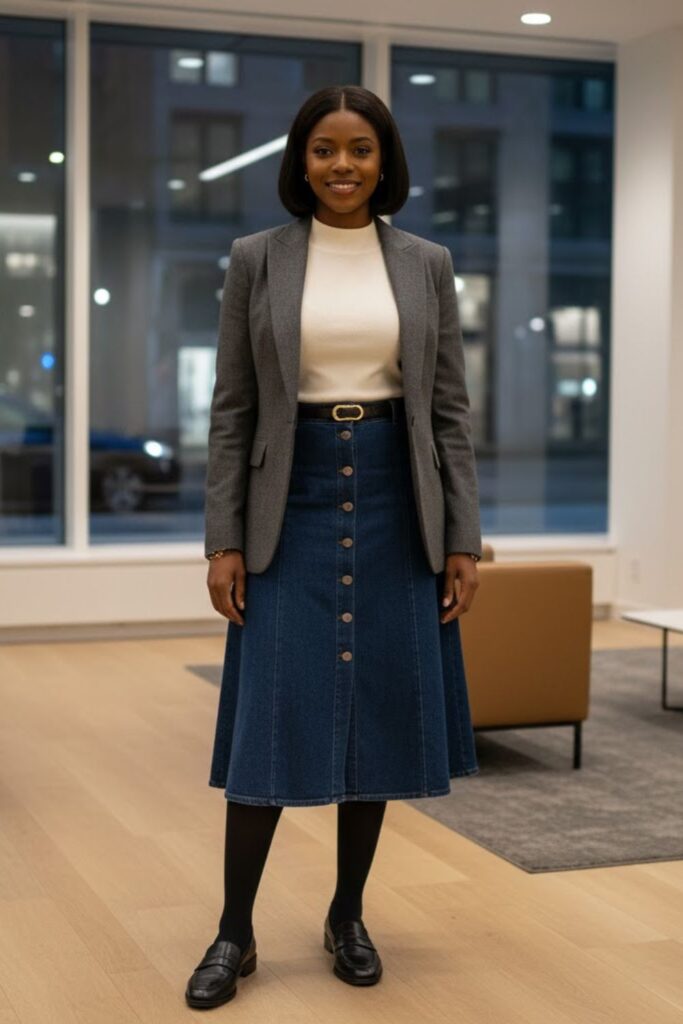 5. A-Line Denim Skirt with Wool Blazer