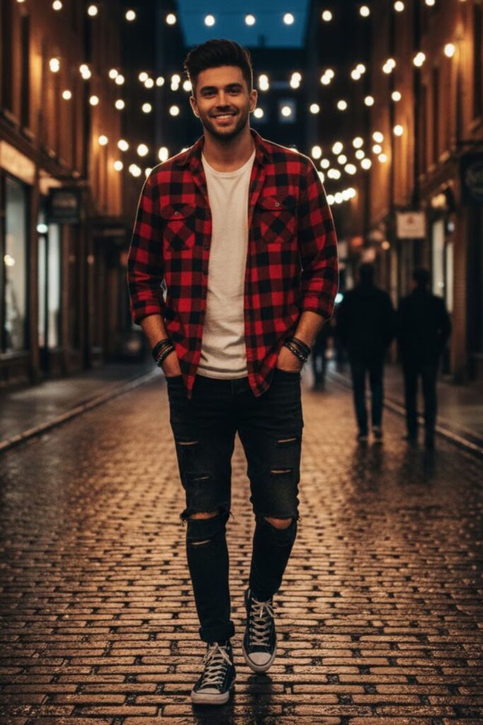 5. Black Converse with Ripped Jeans and Flannel Shirt