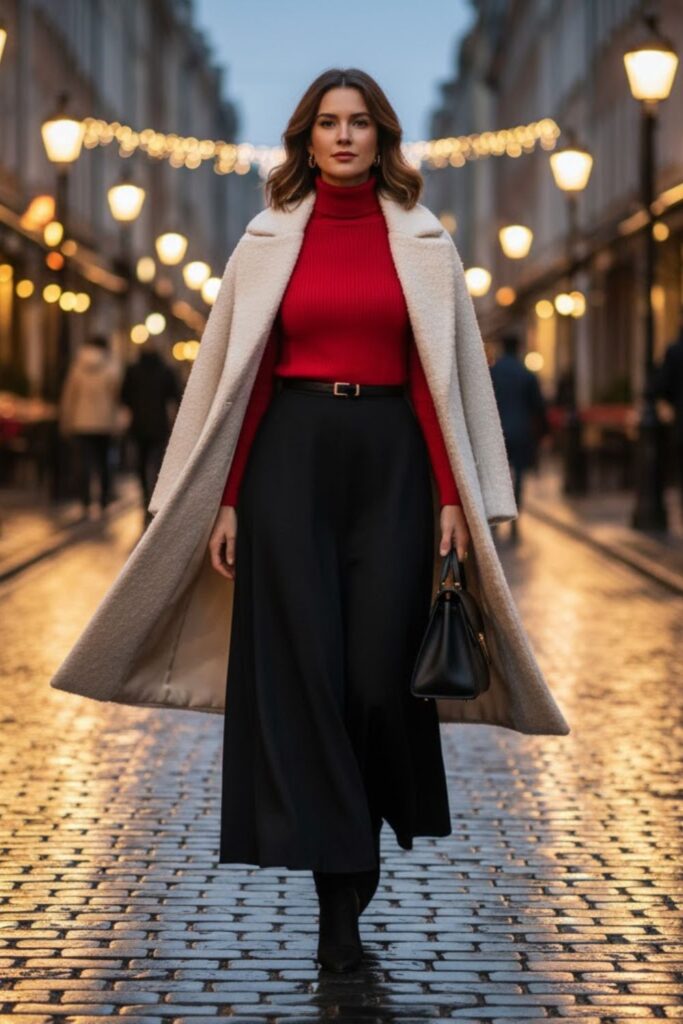 5. Black Maxi Skirt with Fitted Sweater and Heeled Boots