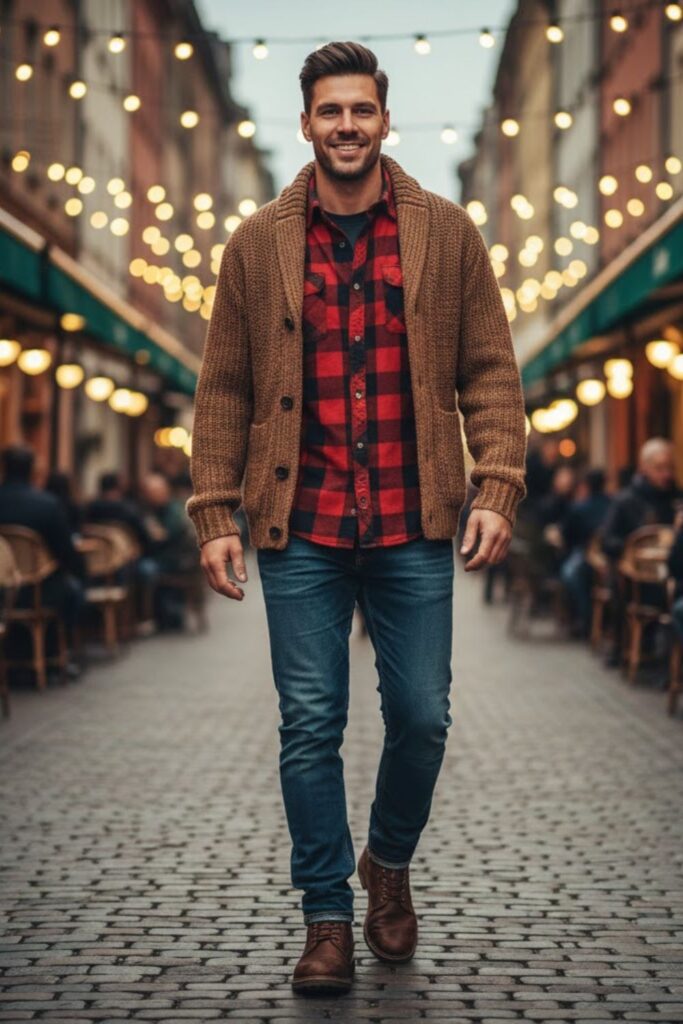 5. Brown Cardigan with Plaid Shirt and Dark Jeans