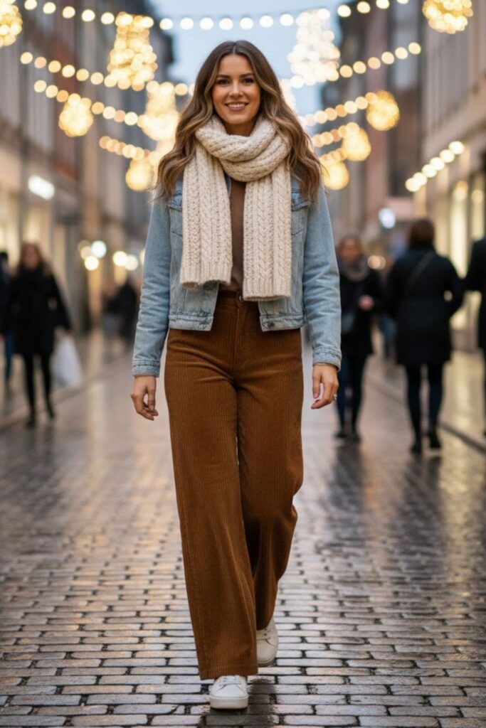 5. Brown Corduroy Pants with a Denim Jacket and Knit Scarf