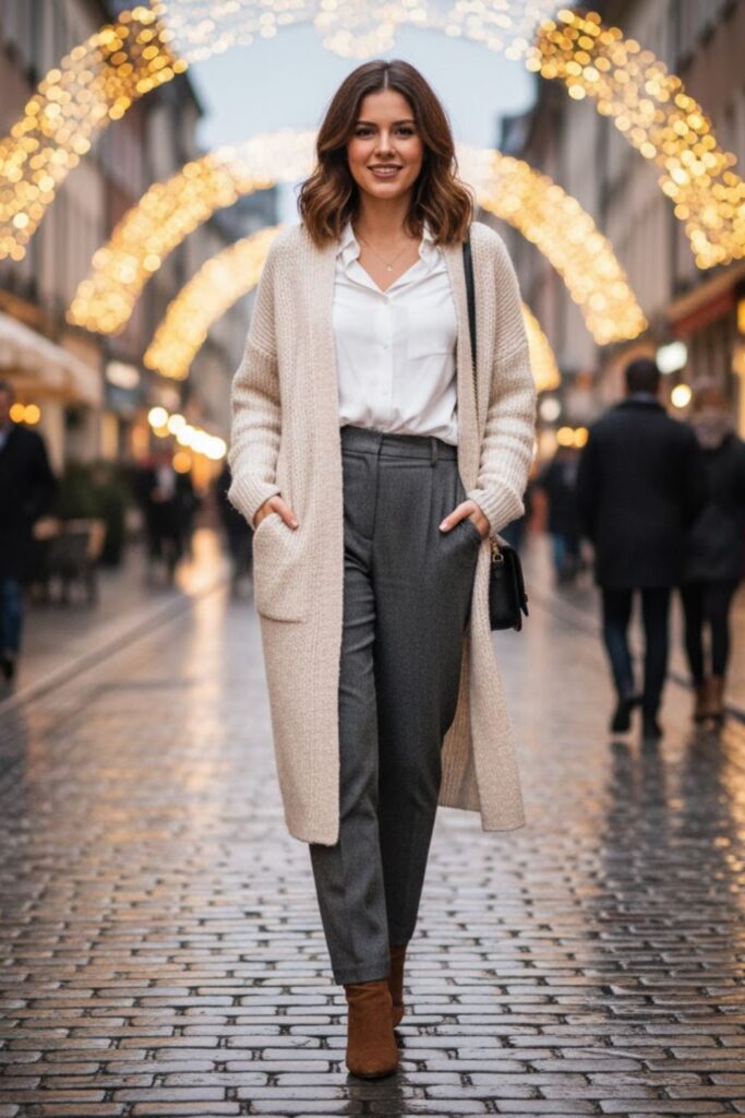 5. Button-Up Shirt with Cardigan and Trousers