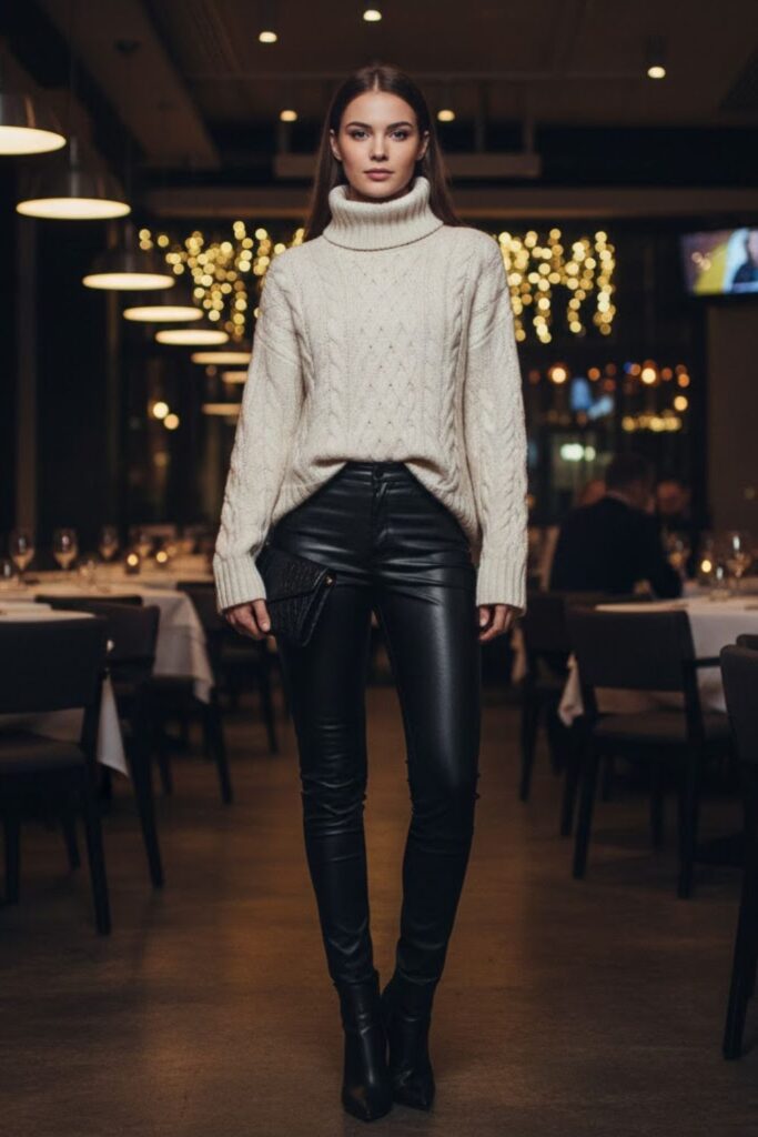 5. Chunky Sweater with Leather Pants
