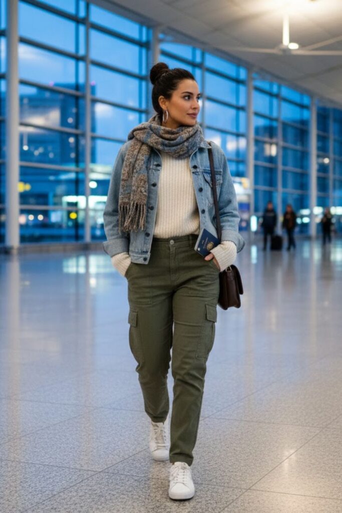 5. Denim Jacket with Sweater and Cargo Pants