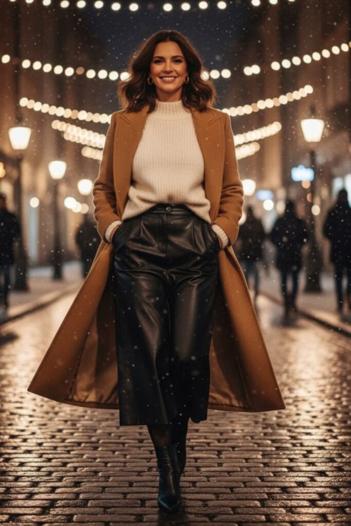 5. Faux Leather Maxi Skirt with Oversized Sweater