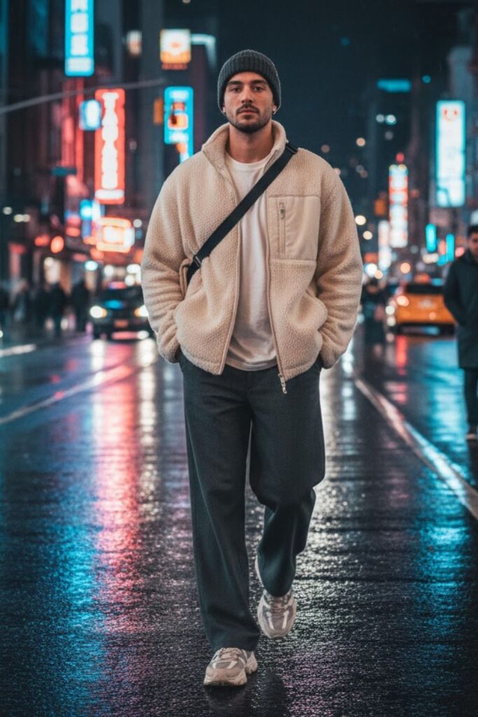5. Fleece Jacket with Oversized Pants and Beanie