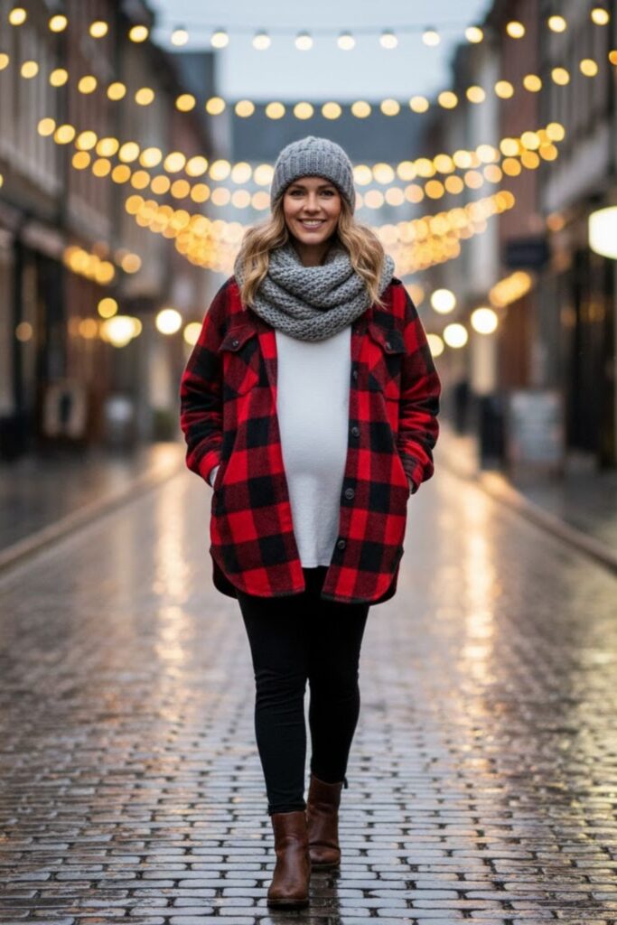 5. Fleece-Lined Leggings with Plaid Shirt and Beanie