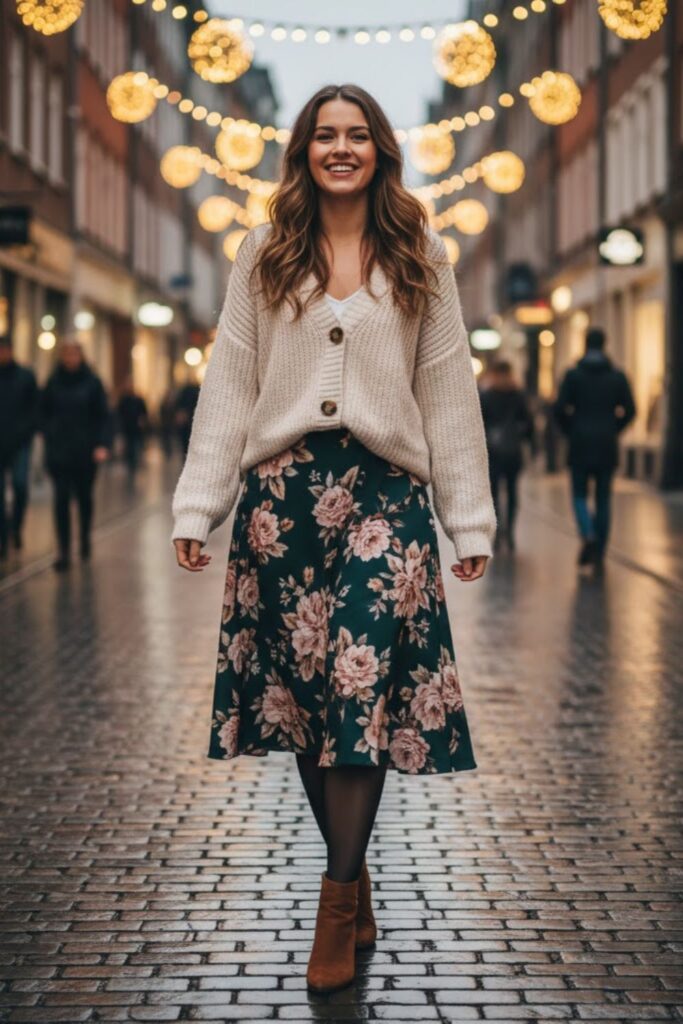 5. Floral Midi Skirt with Chunky Cardigan