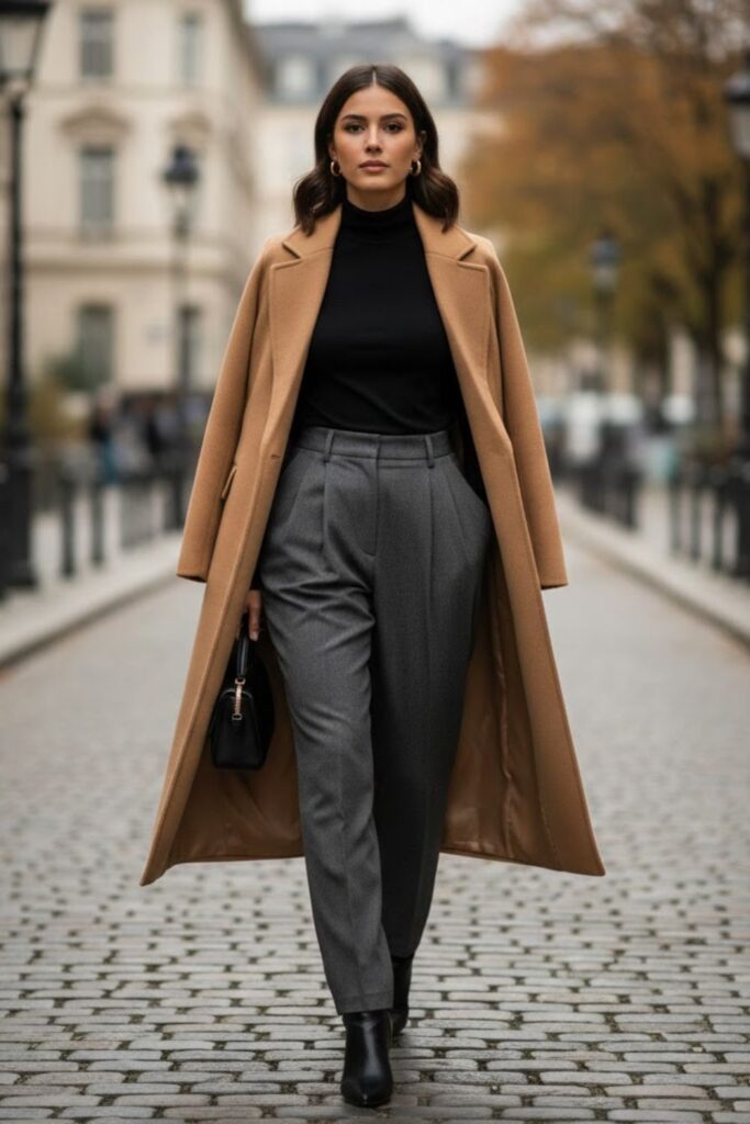5. Grey Pleated Trousers with Turtleneck