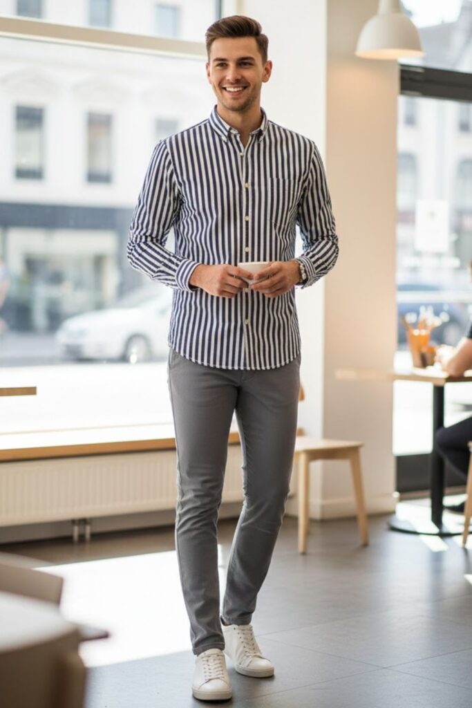 5. Grey Trousers with Striped Shirt and White Sneakers