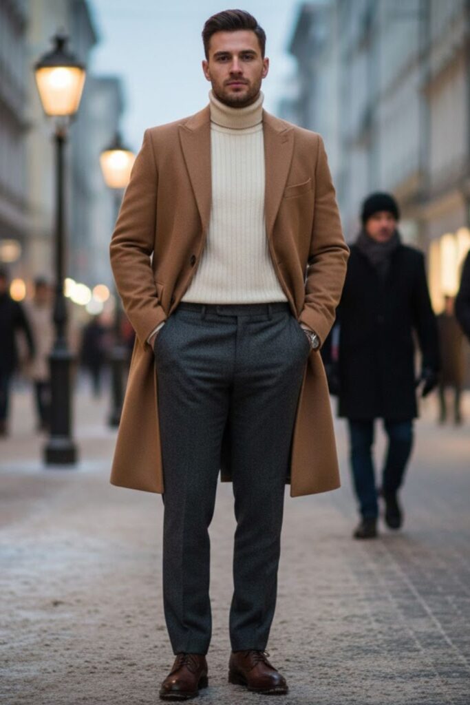 5. Grey Wool Pants with Camel Coat and Turtleneck