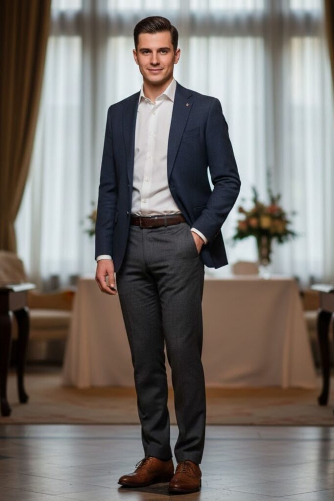 5. Grey Wool Pants with Navy Blazer