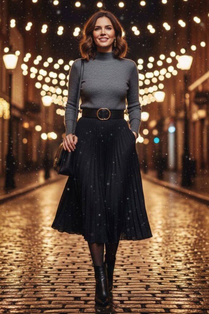 5. High Neck Sweater with Midi Skirt and Ankle Boots