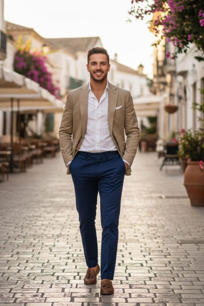5. Khaki Blazer with White Shirt and Navy Pants