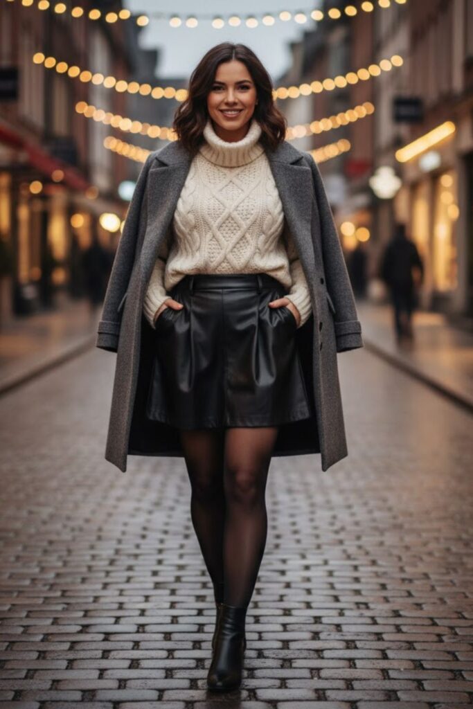 5. Leather Skirt with Chunky Turtleneck