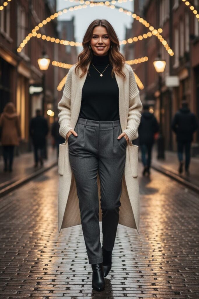 5. Long Cardigan with Tailored Pants